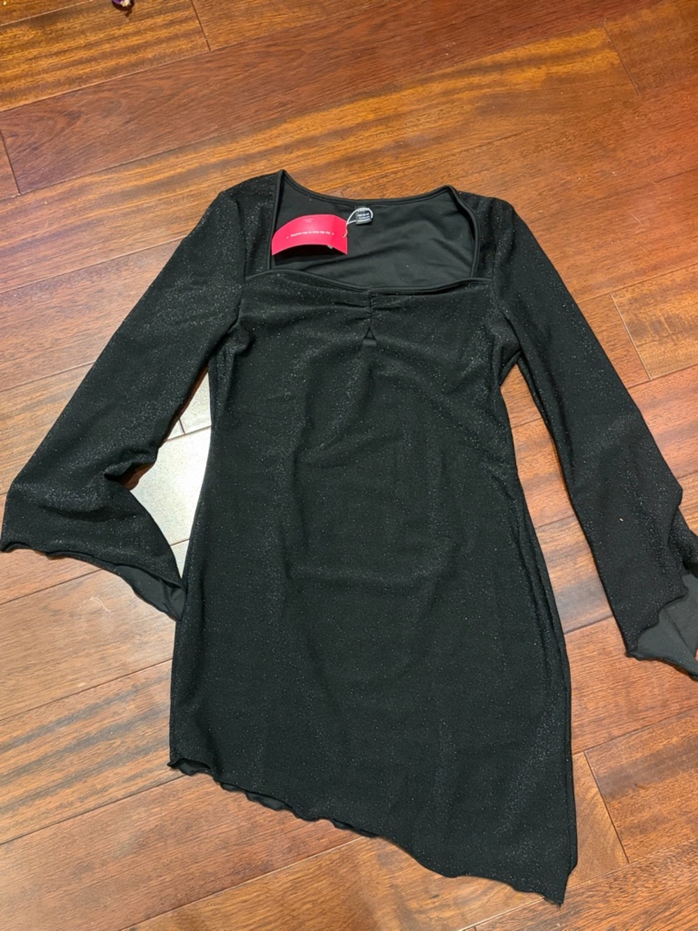 SHEIN Black Sparkle Square Neck Long-Sleeve Dress